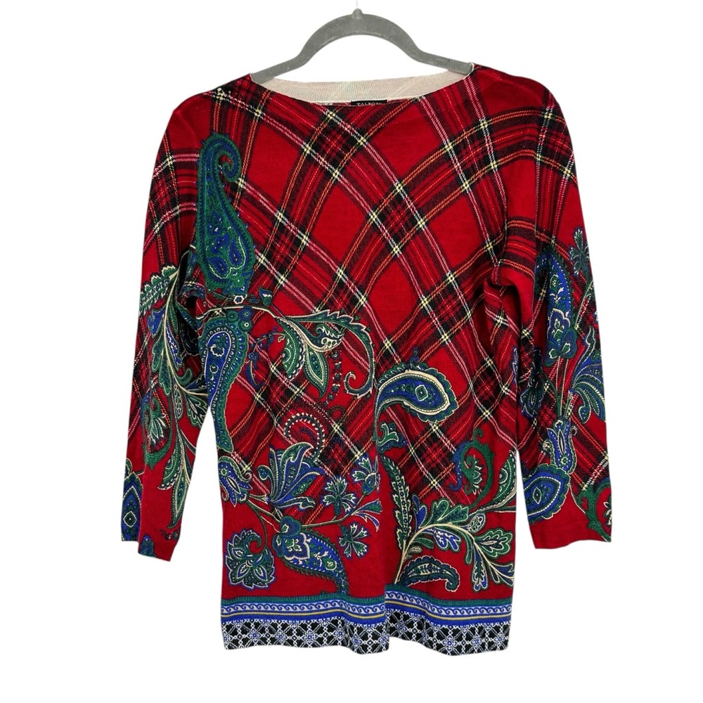 Talbots Size Medium Lightweight 100% Merino Wool Red Plaid/Paisley Sweater - Picture 3 of 11